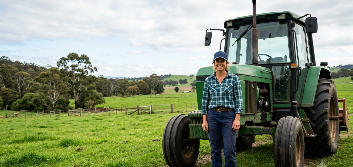Farmer standing beside a green tractor