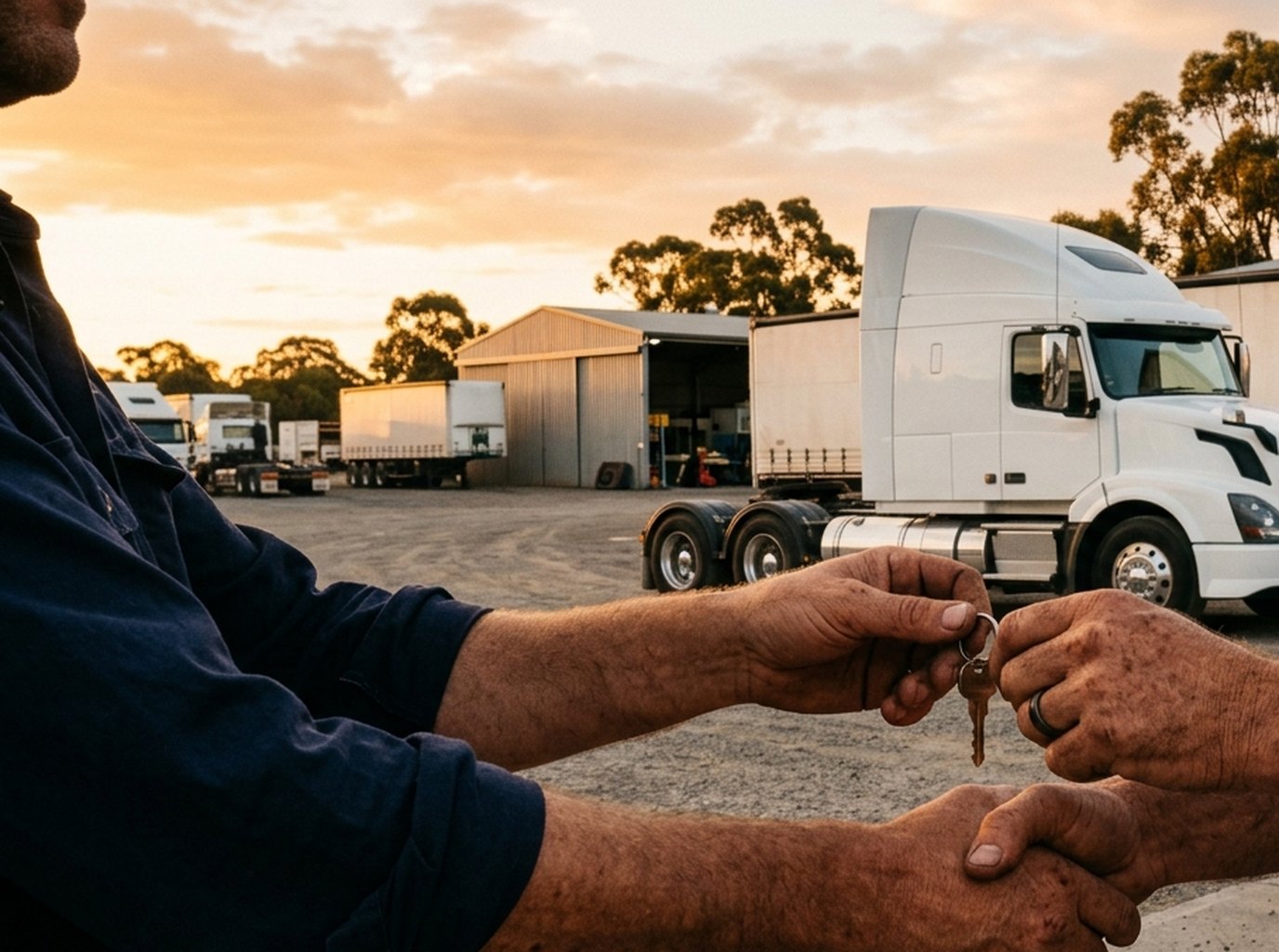 Two people shaking hands over truck keys in a depot yard