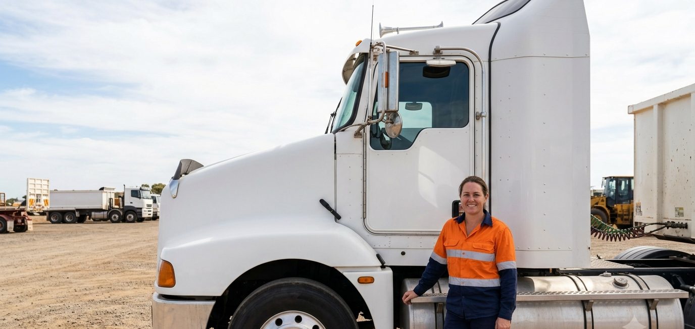 Transport operator in hi-vis workwear standing beside a prime mover
