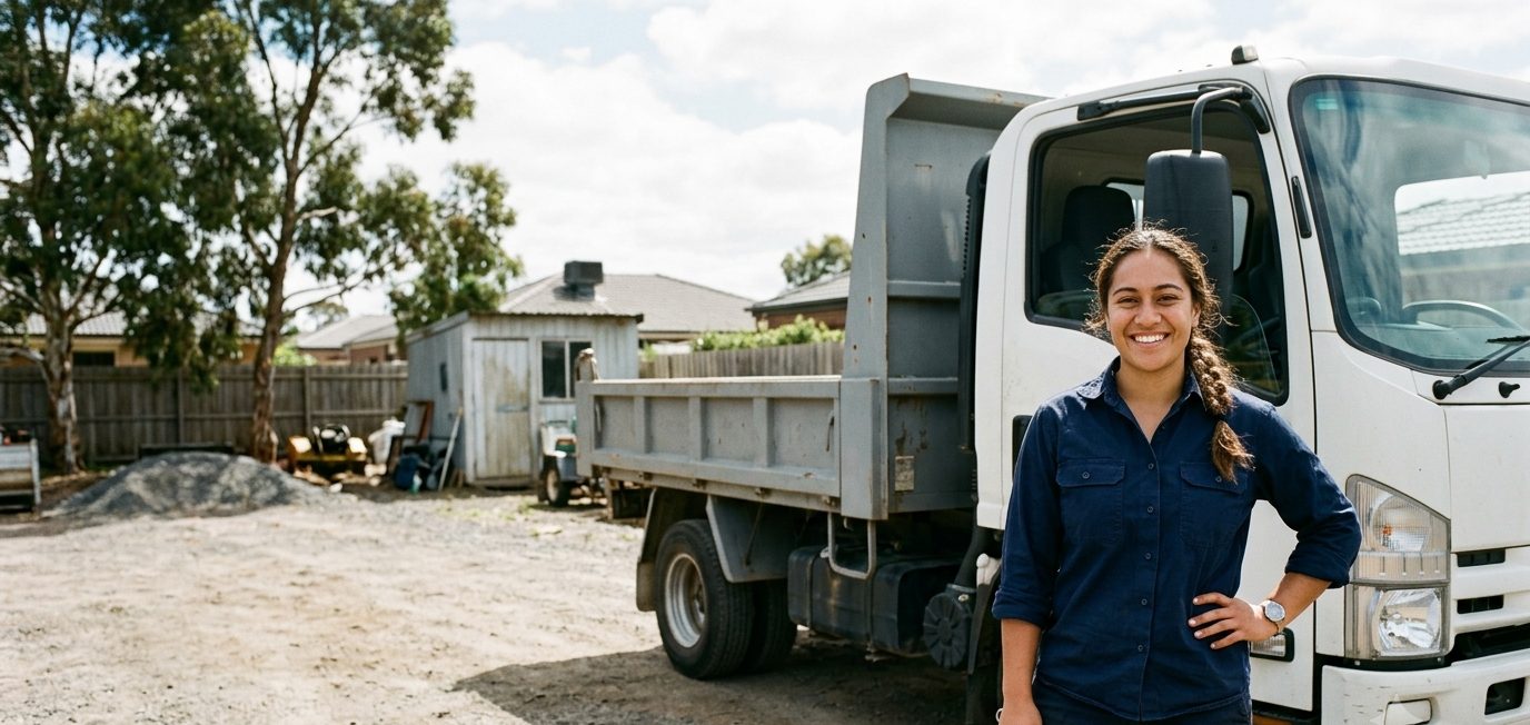Tradesperson reviewing paperwork on a ute tailgate