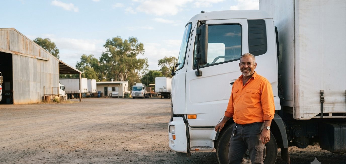 Business owner with a clipboard beside a farm ute and shed