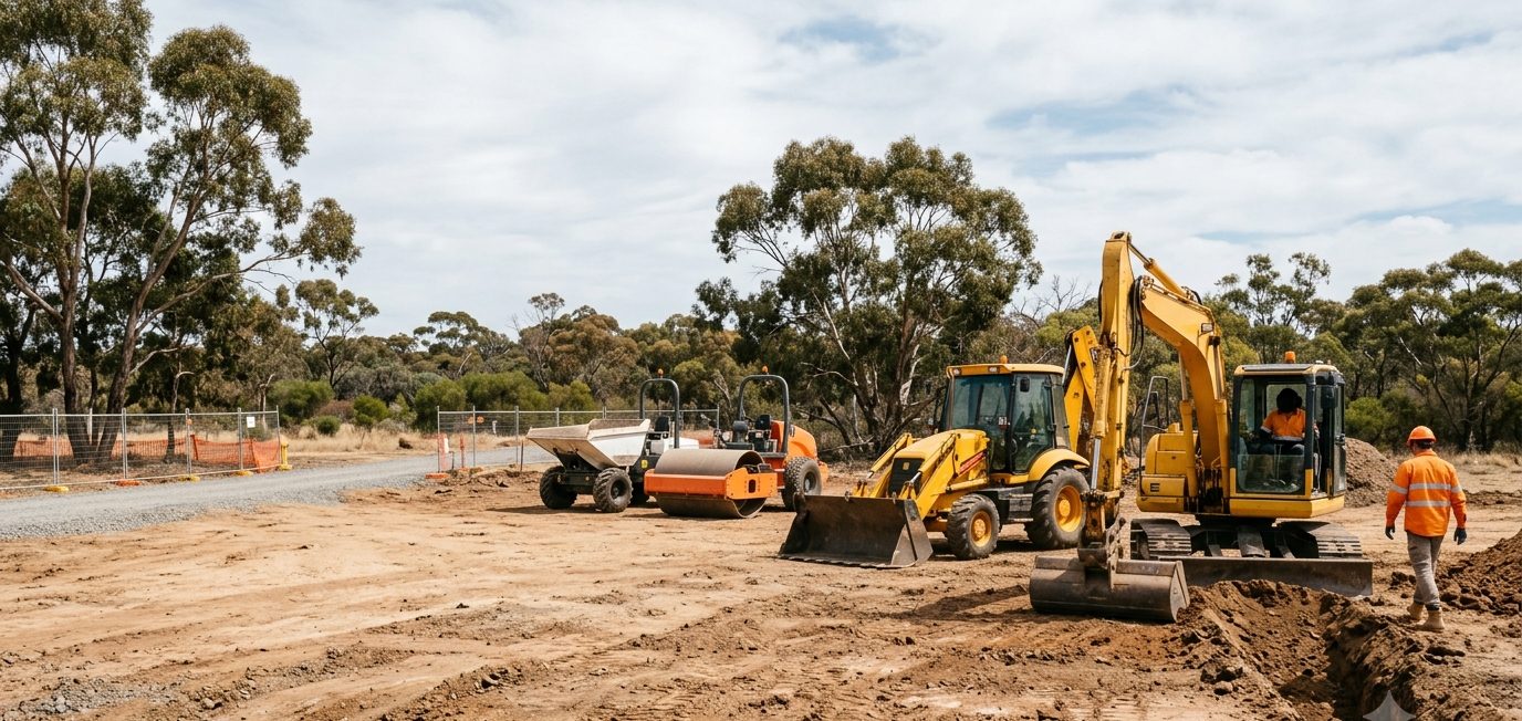 Civil works machinery fleet lined up on a construction site