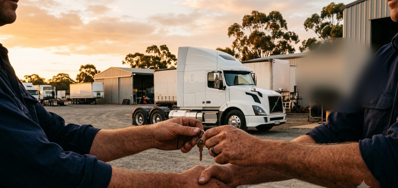 Two people shaking hands over truck keys in a depot yard