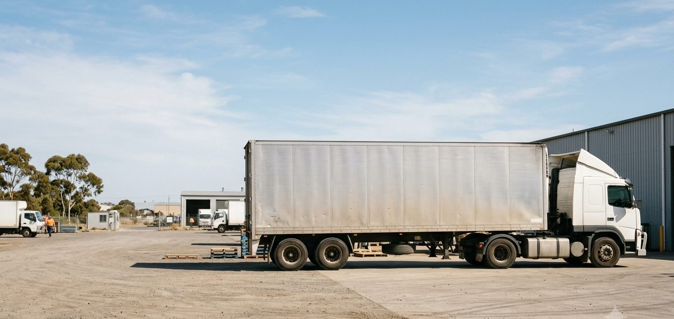 Semi trailer parked side-on in a transport yard