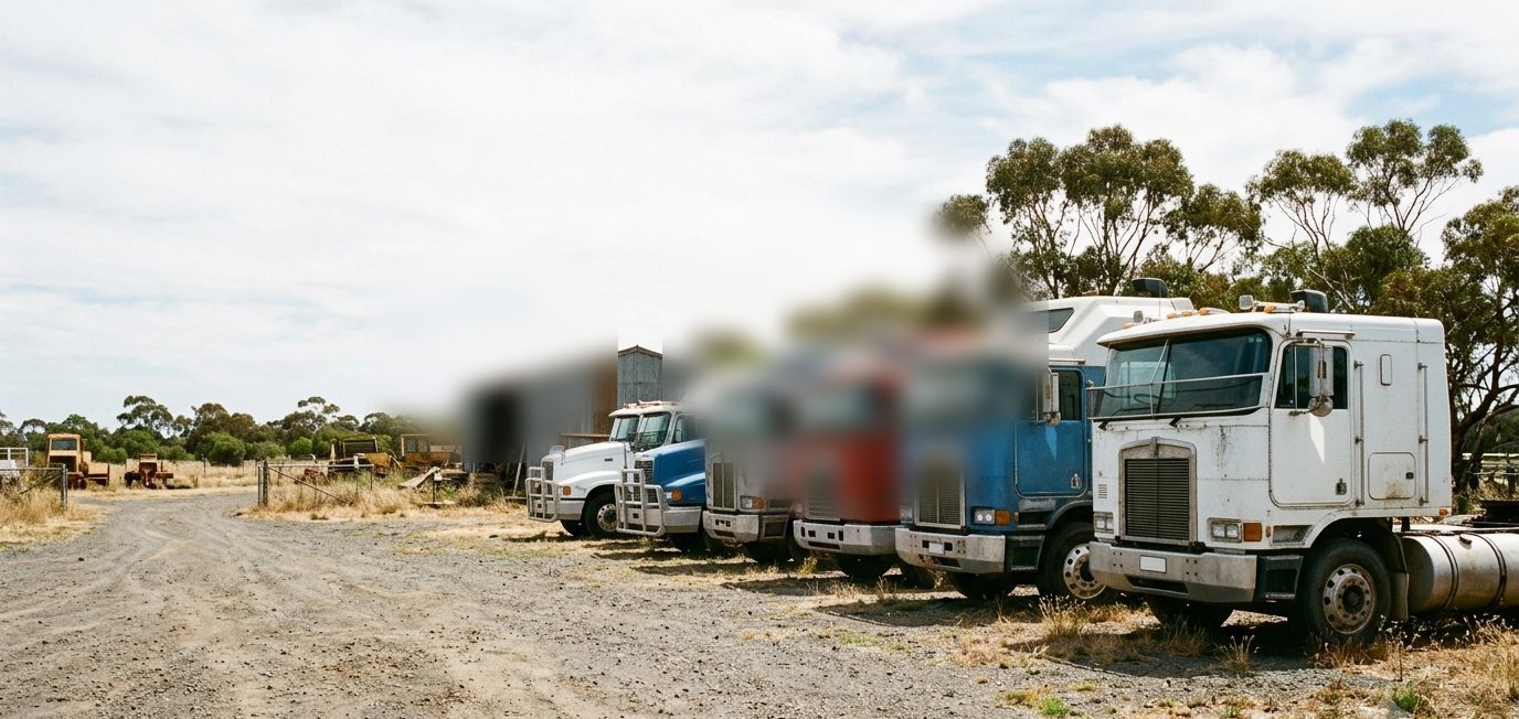 A row of used trucks parked on a gravel yard